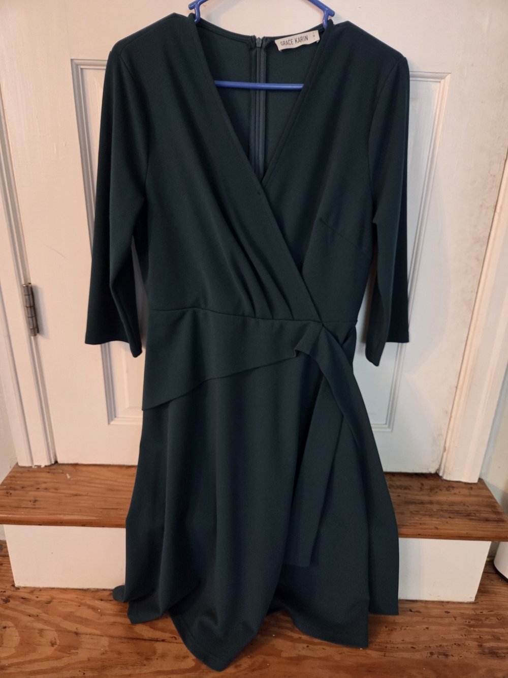Grace Karin Deep Green Faux-Wrap Midi Dress